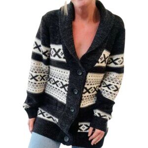 SANSARA Black & White Wool Blend Fair Isle Cardi Shawl Collar Nordic Cabin core